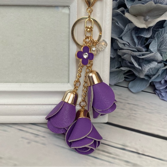 Purple Triple Rose Charm with Beads Keychain - Picture 2 of 14